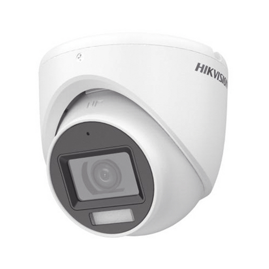 Cámara HIKVISION DS-2CE76D0T-LMFS vista frontal con lente 2.8 mm y carcasa metálica