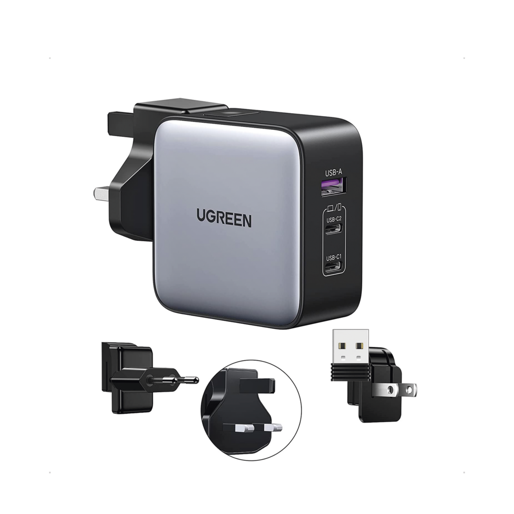 Cargador de viaje UGREEN 65W con tres puertos y enchufes internacionales