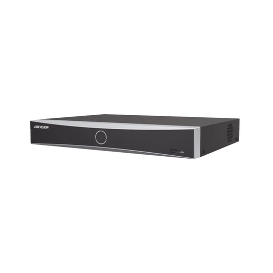 Vista frontal del NVR HIKVISION DS-7616NXI-K1(B) con diseño compacto y moderno