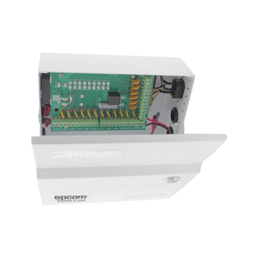 Fuente 12V 20A EPCOM con 18 salidas y respaldo en vista en ángulo