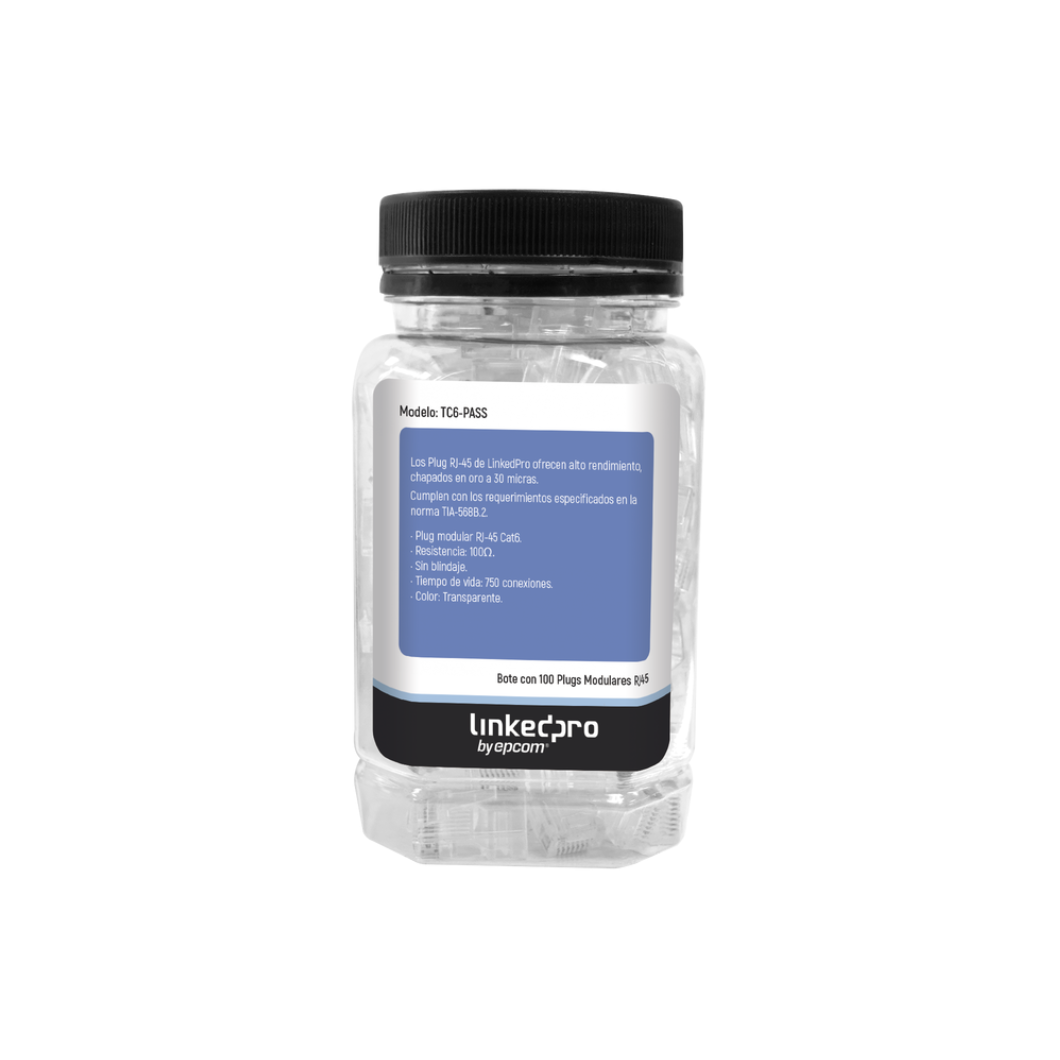 Bote de 100 Conectores RJ45 Cat6 Pass Through: Alto Rendimiento, Sin Blindaje