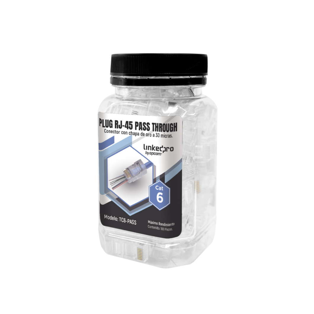 Bote de 100 Conectores RJ45 Cat6 Pass Through: Alto Rendimiento, Sin Blindaje
