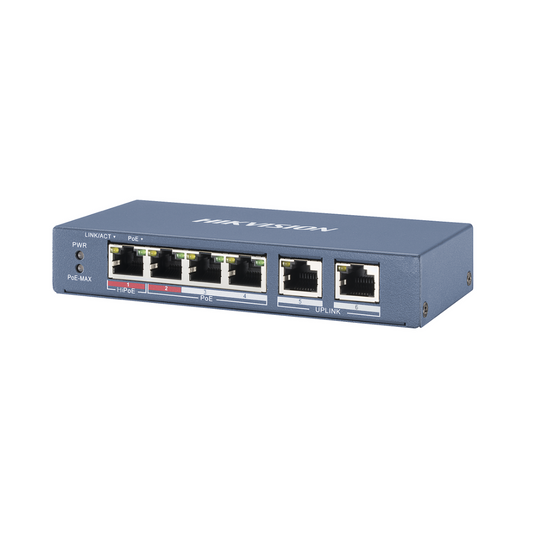 Switch PoE+ HIKVISION DS-3E0106HP-E con 6 puertos y modo extendido 300 m