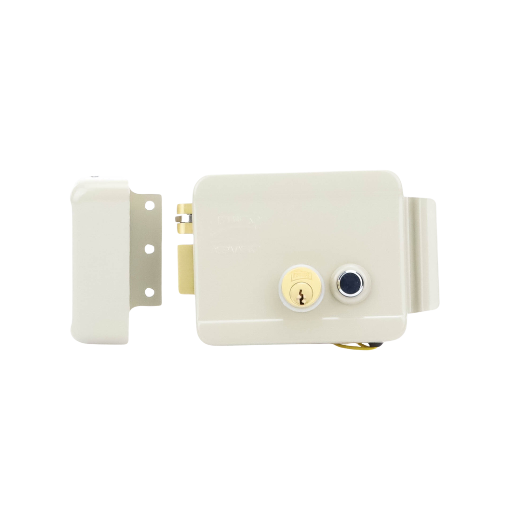 Cerradura eléctrica beige ASSA ABLOY con pestillo rodillo y botón integrado