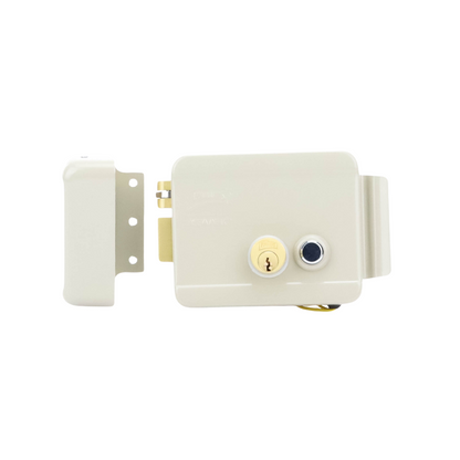 Cerradura eléctrica beige ASSA ABLOY con pestillo rodillo y botón integrado