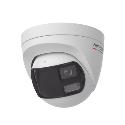 Cámara turret HIKVISION modelo DS-2CE72KF3TP-DLS con visión panorámica 180° y micrófono integrado.