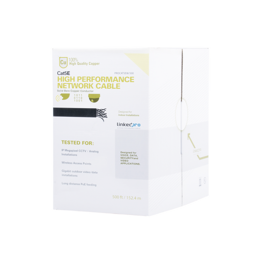 Cable UTP Cat5e, 500ft (152.5m), Blanco, Interior, Para aplicaciones en video vigilancia, redes de datos