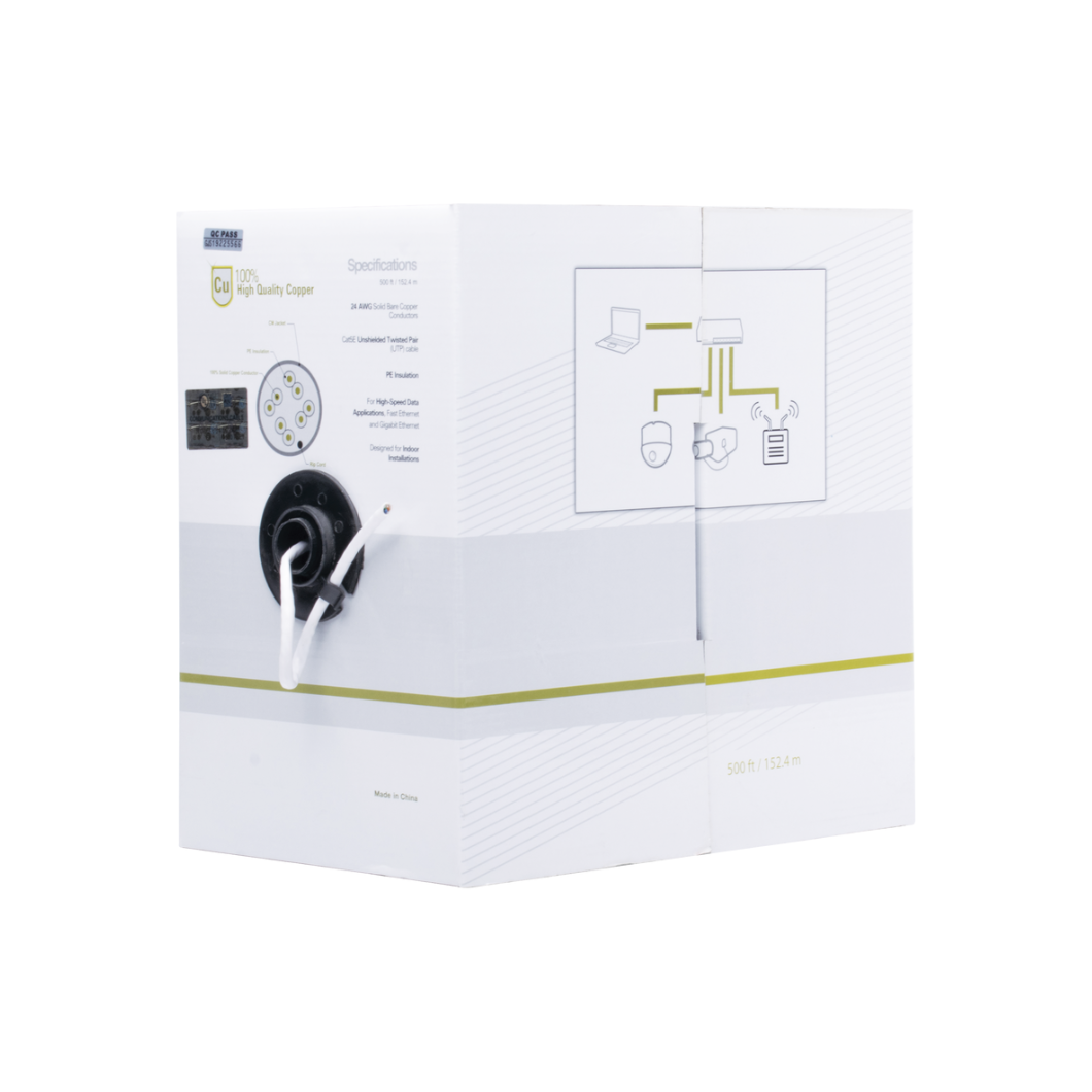 Cable UTP Cat5e, 500ft (152.5m), Blanco, Interior, Para aplicaciones en video vigilancia, redes de datos